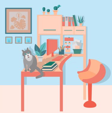Samimi ev ofisi. Masaüstünde oturan sevimli kedi. Evden çalışıyor, uzaktan çalışıyor. Serbest çalışma, e-öğrenme konsepti. Masa, ofis sandalyesi, bilgisayar, ev bitkileri. İş yeri vektör çizimi. Çizgi film biçimi.