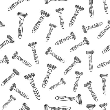 Jilet deseni. Doodle tarzında vektör arkaplanı. Erkeklerin jiletlerinden doğrusal olarak yapılmış kusursuz desenler. Ambalaj kağıdı, berber dükkanı tasarımı ve dekorasyonu için..