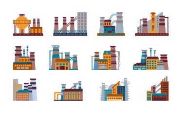 Fabrika ikonu seti. Beyaz arka planda izole edilmiş sanayi tipi fabrikalar. Endüstriyel yapı. Sanayi kompleksi. Bacaları, boruları ve tankları olan elektrik santralleri.