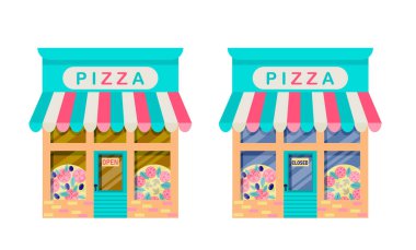 Pizzacı açık ve kapalı. Dış cephe mağazası binasının bir dizi çizimi. Beyaz arka planda izole edilmiş dükkanların cephelerinin toplanması. Düz biçimli vektör illüstrasyonu