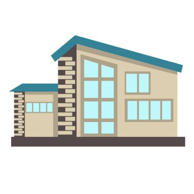 Ekolojik bir evin ve tasarım elementlerinin simgesi. Çizgi film tarzında çizilmiş şirin bir ev, beyaz arka planda izole edilmiş. Düz biçimli vektör illüstrasyonu.