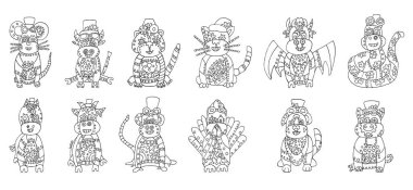 Çin burcunun 12 yeni yıl sembolü steampunk stilinde. Vektör çizimi. Doğu burcu. Metal hayvanlar izole edilmiştir. Çocuklar ve yetişkinler için boyama kitabı. Şirin Robot Hayvanlar