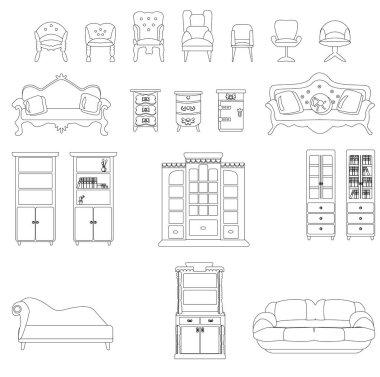 Modern ve antika ofis sandalyeleri, koltuklar, kitaplıklar, komodiler, kanepeler, beyaz arka planda izole edilmiş. Robot resim tarzında vektör illüstrasyonu. Ofis için mobilya koleksiyonu, öğrenim