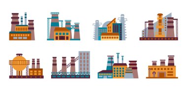 Fabrika ikonu seti. Beyaz arka planda izole edilmiş sanayi tipi fabrikalar. Endüstriyel yapı. Sanayi kompleksi. Bacaları, boruları ve tankları olan elektrik santralleri.