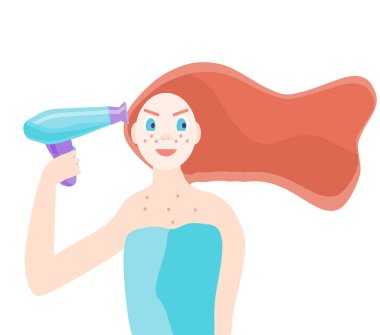 Genç kızıl saçlı kız saçını bir saç kurutma makinesiyle kurutur. Güzel kızıl saçlı kadın saçlarını yapıyor. Beyaz bir arka planda izole edilmiş. Neşeli kadın karakteri başının çaresine bakar. Vektör illüstrasyonu.