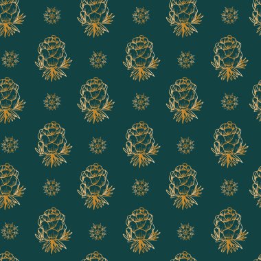 Koyu yeşil bir zemin üzerinde el yapımı altın kar taneleri ve çam kozalakları olan kusursuz bir desen. Güzel bir Noel geçmişi var. Kar taneleri ve renkli koniler 2021. Vektör tatil deseni.