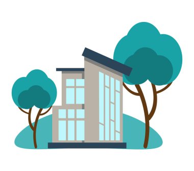 Yeşil çalılıklarda ve tasarım elementlerinde bir ekolojik evin simgesi. Çizgi film tarzında çizilmiş, beyaz arka planda izole edilmiş şirin bir ev. Düz bir şekilde vektör illüstrasyonu.