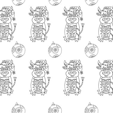 2021 sembollü kusursuz bir Noel deseni. Beyaz arka planda vitesli boğa ve topların kusursuz lineer steampunk deseni. Asya yeni yılı. Doğu burcu.