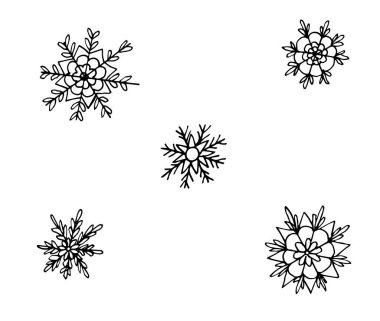 Doodle tarzı kar taneleri beyaz arka planda izole edilmiş. Elle çizilmiş kar tanesi simgeleri koleksiyonu. Noel skeci. Yeni yılın tasarımı ve dekorasyonu için.