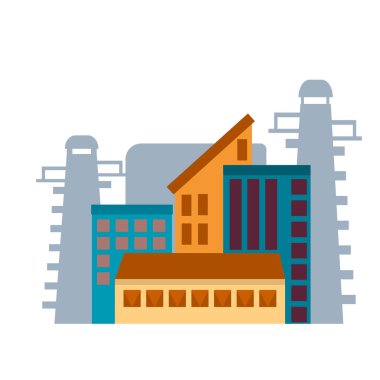 Fabrika binası. Bilgi simgesi. Düz tarzda endüstriyel yapı konsepti. Sanayi kompleksi beyaz arka planda izole edilmiş. Bacaları, boruları ve tankları olan elektrik santralleri. Renk vektörü çizimi
