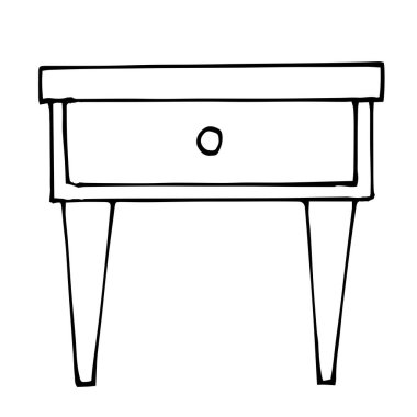 Bir komodinin vektör çizimi, bir çekmece ve yüksek bacak stili. Doğrusal bir model. Beyaz arka planda siyah ve beyaz karalamalar. Yatak odası, çalışma odası, oturma odası..