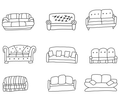 Dokuz şık modern kanepeden oluşan bir vektör seti. - Doodle tarzında çizim. Beyaz bir arka planda izole edilmiş. Tasarım, dekorasyon, ağ, renk. Mobilya ana hatları sembolleri.
