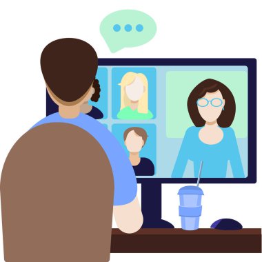  Video görüşmesi iletişim konsepti. Video konferansına katılan bir grup meslektaşla birlikte masaüstü bilgisayarı. Online Sınıf. Ev işyeri. Düz biçimli modern vektör illüstrasyonu