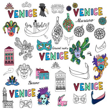 İtalya 'ya git. Venedik. Doodle tarzında elementler. Karnaval maskeleri, evler, gondollar, Murano camları. Beyaz arkaplanda vektör çizimi izole edildi. Çocuklar ve yetişkinler için boyama kitabı.