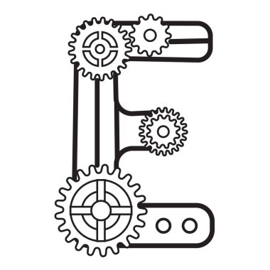 Steampunk stili yazı tipi. Çarkların mekanik alfabesi. Logo ve metin için klasik steampunk alfabesinin E. Vector illüstrasyonu. Çocuklar için harika boyama sayfaları 