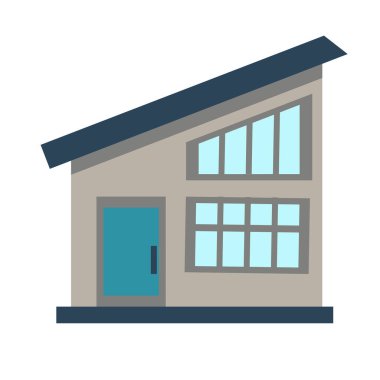 Ekolojik bir evin ve tasarım elementlerinin simgesi. Çizgi film tarzında çizilmiş şirin bir ev, beyaz arka planda izole edilmiş. Düz biçimli vektör illüstrasyonu.