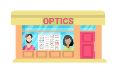 Optik mağazasının ön cephesi ve beyaz arka planda izole edilmiş bir güneş gözlüğü. Düz bir şekilde vektör illüstrasyonu. Klasik, modern tarz gözlüklü siluet. Gözlük satan dükkan.