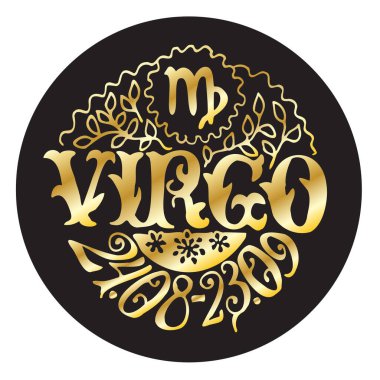 Burç burcu Başak burcu. Art Deco tarzında yıldız falı için vektör illüstrasyonu. Yuvarlak siyah arka plan, altın harflerle yazılmış. Kompozisyon çiçekli süslemelerle süslenmiş. Astronomik veri.