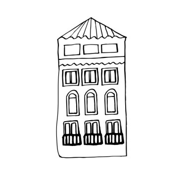 Beyaz arka planda izole edilmiş bir Venedik evinin vektör çizimi. Bir tasarım elementi için. Doodle tarzı. Çocuklar ve yetişkinler için boyama sayfası.