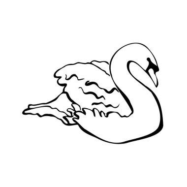 Beyaz arka planda izole edilmiş tek bir Kuğu silueti. Suda yüzen bir Kuğu ikonu. Siyah beyaz taslak şeklinde vektör illüstrasyonu. Dekoratif kuşlar. Elle çizilmiş