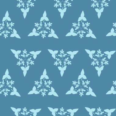 Üçgenlerin vektör deseni. Üçgenler yapraklardan oluşuyor. Hassas mavi renk şeması. Çiçeksiz desen ve arkaplan çizimi. Duvar kağıdı, tekstil tasarımı..