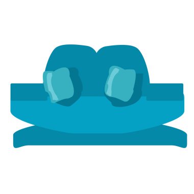 Beyaz arka planda iki yastıklı modern turkuaz kanepe. Düz bir şekilde izole edilmiş vektör çizimi. Retro-stil. Daireler ve ofisler için mobilyalar. İç tasarım için.