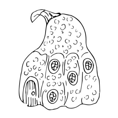 Cadılar Bayramı için balkabağı evi beyaz arka planda izole edilmiş Doodle tarzında. Doğrusal bir model. Çocuklar ve yetişkinler için boyama sayfaları.