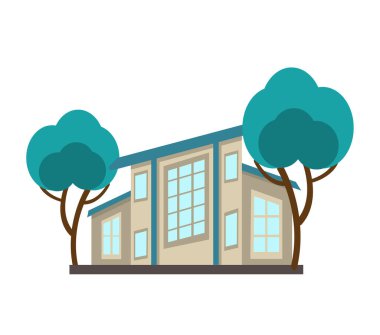 Yeşil çalılıklarda ve tasarım elementlerinde bir ekolojik evin simgesi. Çizgi film tarzında çizilmiş, beyaz arka planda izole edilmiş şirin bir ev. Düz bir şekilde vektör illüstrasyonu.