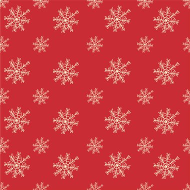 Kırmızı zemin üzerinde elle çizilmiş altın kar taneleri olan kusursuz bir desen. Kırmızı arka planda kar taneleri olan şirin bir Noel geçmişi var. Vektör basit Yeni Yıl deseni.