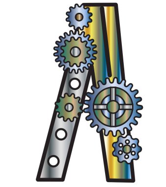 Steampunk stilindeki yazı tipi. Vitesli mekanik metal alfabesi. Logo ve metin için eski bir steampunk alfabesinin A harfi vektör çizimi. Tasarım ve dekorasyon için..