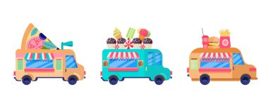 Beyaz arka planda izole edilmiş bir grup sokak yemeği kamyonu. Fast food teslimatı. Düz tasarım vektörü. Çatıda çizim tahtası olan çizgi film fast food arabaları koleksiyonu. Sokak yemekleri festivali.