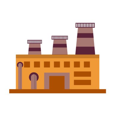 Fabrika binası. Bilgi simgesi. Düz tarzda endüstriyel yapı konsepti. Sanayi kompleksi beyaz arka planda izole edilmiş. Bacaları, boruları ve tankları olan elektrik santralleri. Renk vektörü çizimi