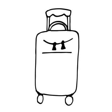 Seyahat için tek bavul. Doodle tarzında vektör çizimi. Yaz temalı basit bir siyah beyaz resim. Beyaz bir arka planda izole edilmiş. Tasarım ve dekor elementi.