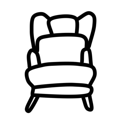 Beyaz arka planda başlığı izole edilmiş döşenmiş koltuk. Beyaz arka planda siyah çizgilerle ana hatlarını çiz. Doodle tarzında mobilya taşıyıcı koleksiyonu