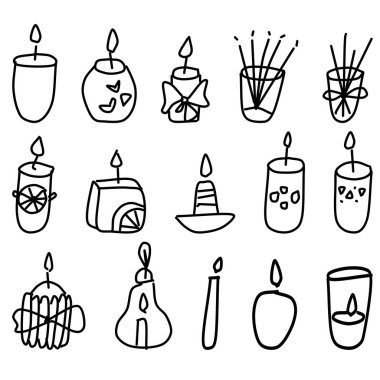 Doodle tarzında bir mum seti. Ev için konforlu mum koleksiyonu. Hygge tarzında sıcak bir ev. Çocuklar ve yetişkinler için boyama sayfası.