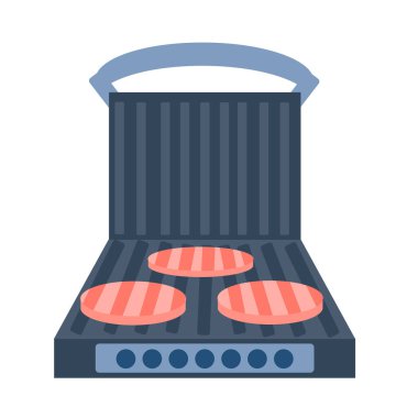 Elektrikli ızgara beyaz arka plan. Sandviç makinesini aç ve aç. Mutfak için ekipman. Düz bir şekilde vektör illüstrasyonu. Mutfak eşyaları ızgarası. Pirzolalı karikatür elektrikli ızgara