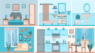 Dairenin içinde. Mutfak, oturma odası, yatak odası, banyo. Detaylı modern ev içi. Mobilyalı odalar. İçini mavi renklerle rahatlatıyor. Düz stil vektör çizimi. Tasarım şablonu