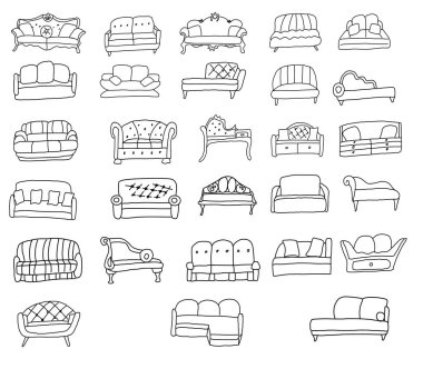 Büyük bir kanepe seti. Doodle tarzında çizim. Beyaz bir arka planda izole edilmiş. Klasik modern konforlu ve şık kanepeler ve gündüz yatakları. Tasarım, dekorasyon, ağ, renklendirme.