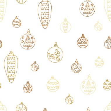 Renkli Noel balolarının kusursuz deseni. Tasarım ve dekorasyon için Noel arkaplanı. Doodle tarzında çizilmiş topların vektör deseni. Beyaz arkaplanda altın renkler.