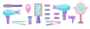 Saç tasarımı, tüy dökümü için bir takım cihazlar. Kendi kendine bakım için aksesuar koleksiyonu. Kadın güzelliği için bir takım cihazlar. Kadınların çekiciliği için araçlar. Düz biçimli vektör illüstrasyonu.