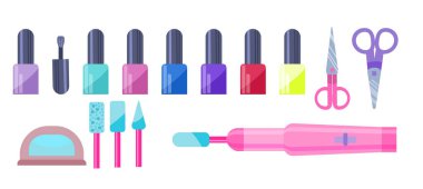 Renkli tırnak cilası kavanozları, tırnak makasları ve farklı tırnak törpüleri olan elektrikli aletler koleksiyonu. Kadın manikürü için ayarlandı. El bakımı için aletler. Kadın güzelliği için aletler. Düz biçimli vektör illüstrasyonu.