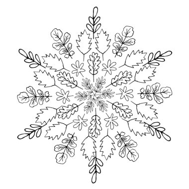 Yaprak ve dallardan oluşan bir yıldız. Şekil verilmiş el yapımı vektör çizimi. Yazı harfleri. Selamlama ve düğün kartları için doğal unsurlar, posterler, çıkartmalar ve tasarım, çocuklar için renkler.