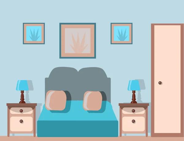 Затишна Спальня Меблями Інтер Великим Ліжком Шафою Тумбою Лампою Картинами — стоковий вектор