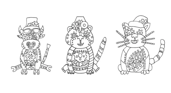 Ensemble Taureau Tigre Chat Dans Style Steampunk Symboles Chinois Zodiaque — Image vectorielle