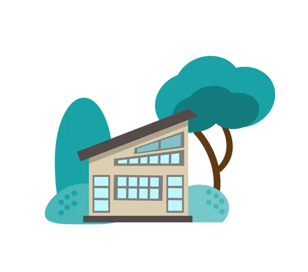緑の茂みやデザイン要素の生態系の家のアイコン かわいい家は 漫画のスタイルで描かれ 白い背景に孤立した 平面図のベクトル図 — ストックベクタ
