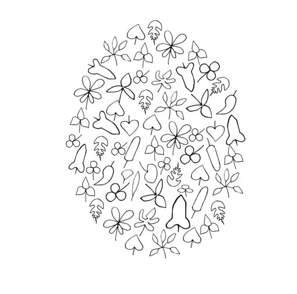 Velikonoční Vajíčko Zdobené Listy Bílém Pozadí Vektorové Ilustrace Omalovánky Pro — Stockový vektor
