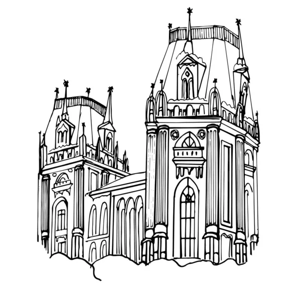 Architecture Of Russia. Moscow neo-Gothic. Tsaritsyno Palace and Park ensemble. Vector drawing in sketch style isolated on a white background. For art history books, coloring pages for children.