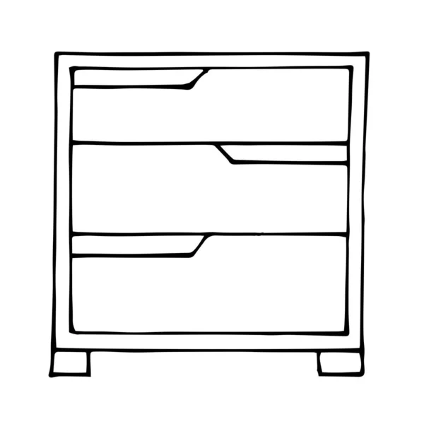 矢量绘图 有三个抽屉的现代抽屉 素描格子 一个线性模式 黑色和白色的涂鸦在白色的背景上被隔离 客厅的现代家具 — 图库矢量图片