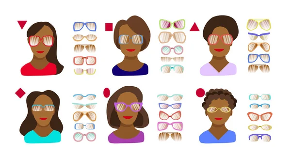 为不同类型的脸选择眼镜的形状 不同脸型的女用眼镜 椭圆形 三角形 非洲裔美国女孩 — 图库矢量图片