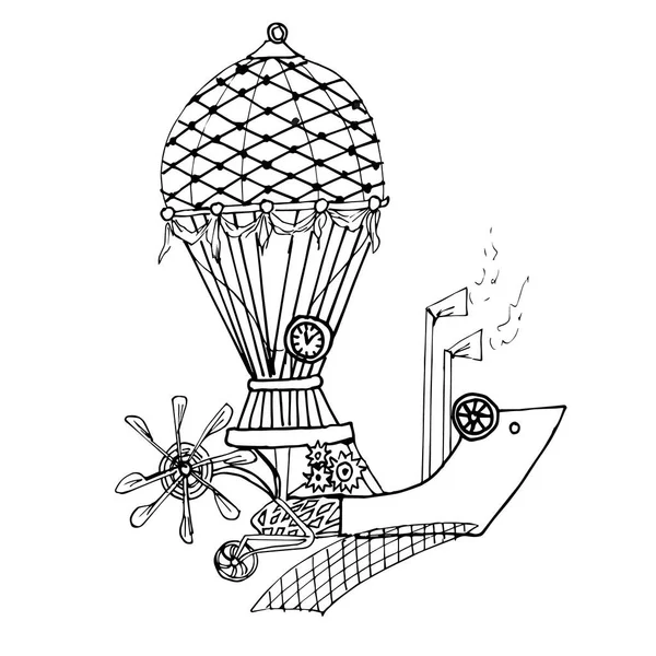 Векторное Рисование Фантастического Дирижабля Иллюстрация Летающей Машины Стиле Стимпанк Ручной — стоковый вектор